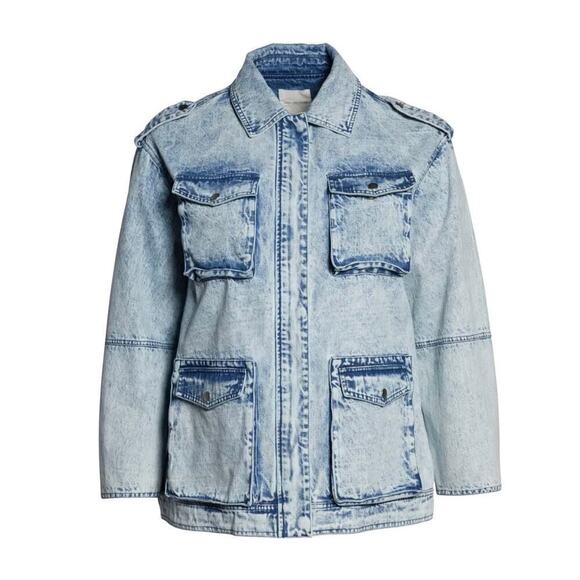 Avec Les Filles Acid Wash Denim Utility Jacket Size Medium Safari Style - Picture 3 of 10